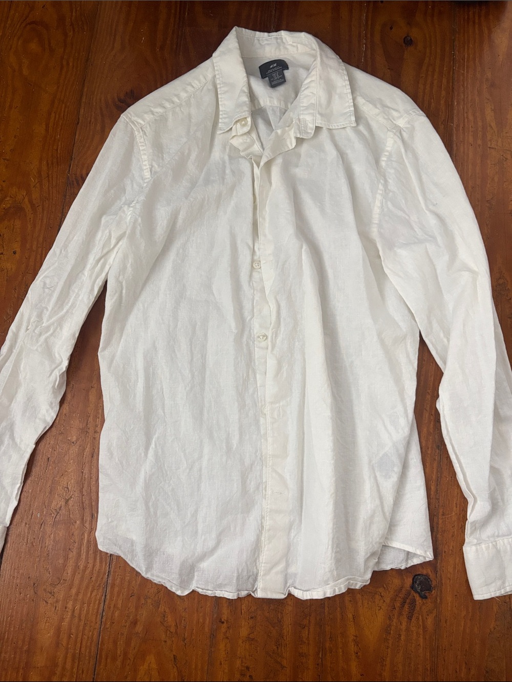 H&M Men's White Long Sleeve Button-Down Linen Shirt